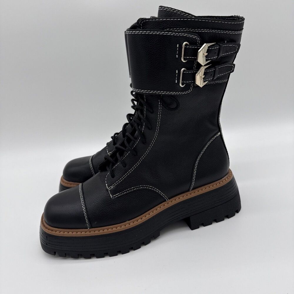 Vince Camuto Monchia Combat Boots Double Buckle Leather Platform 8.5 Black